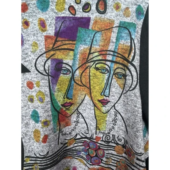 NEW Ali Miles XL Black Gray Abstract Face Art Cowl Neck 3/4 Sleeve Tunic Shirt - Picture 10 of 10